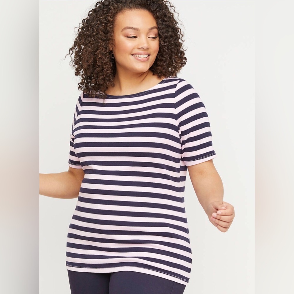 LB Perfect Sleeve Boat Neck Tee Navy/Pink Stripe